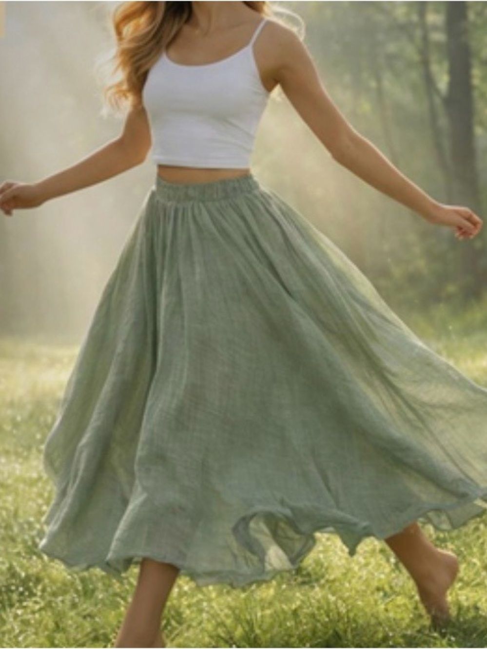Maxi Skirt in Soft Sage Green, Sz Med Flowing Lightweight Cotton-Linen Blend